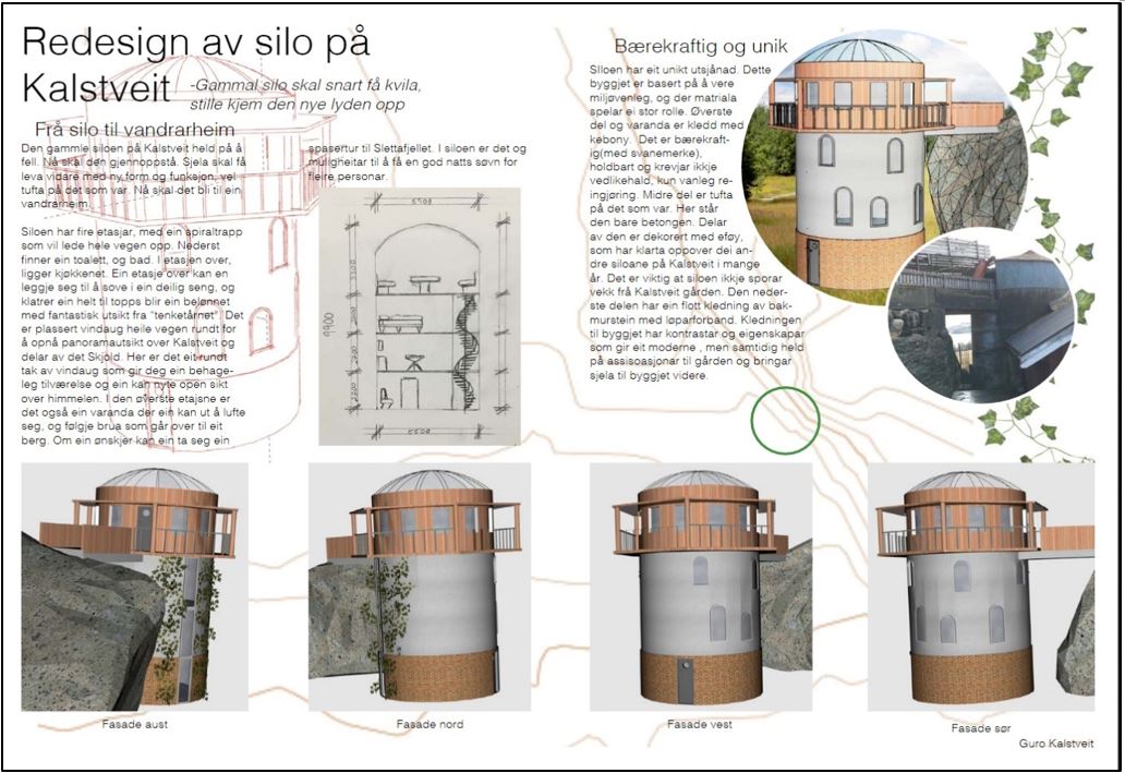 Plansje av silodesign, tekst og bilder. Elevarbeid.