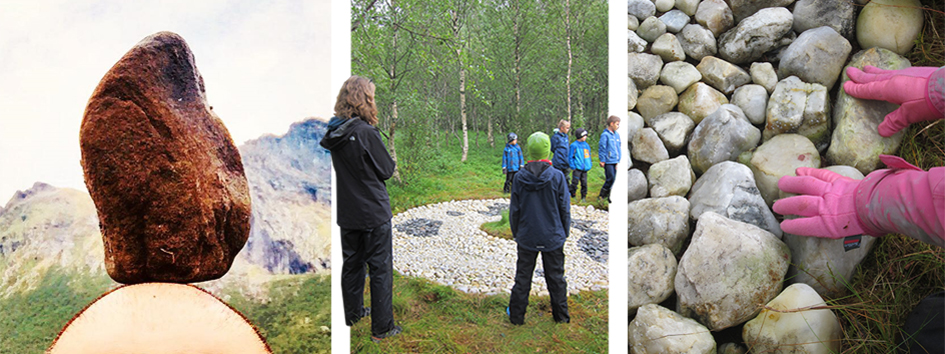 Barn og voksne ser på Hebe Camilla Waters sirkulære verk, Encoutering Vegetal beings, som er laget av hvite steiner som ligger på bakken.