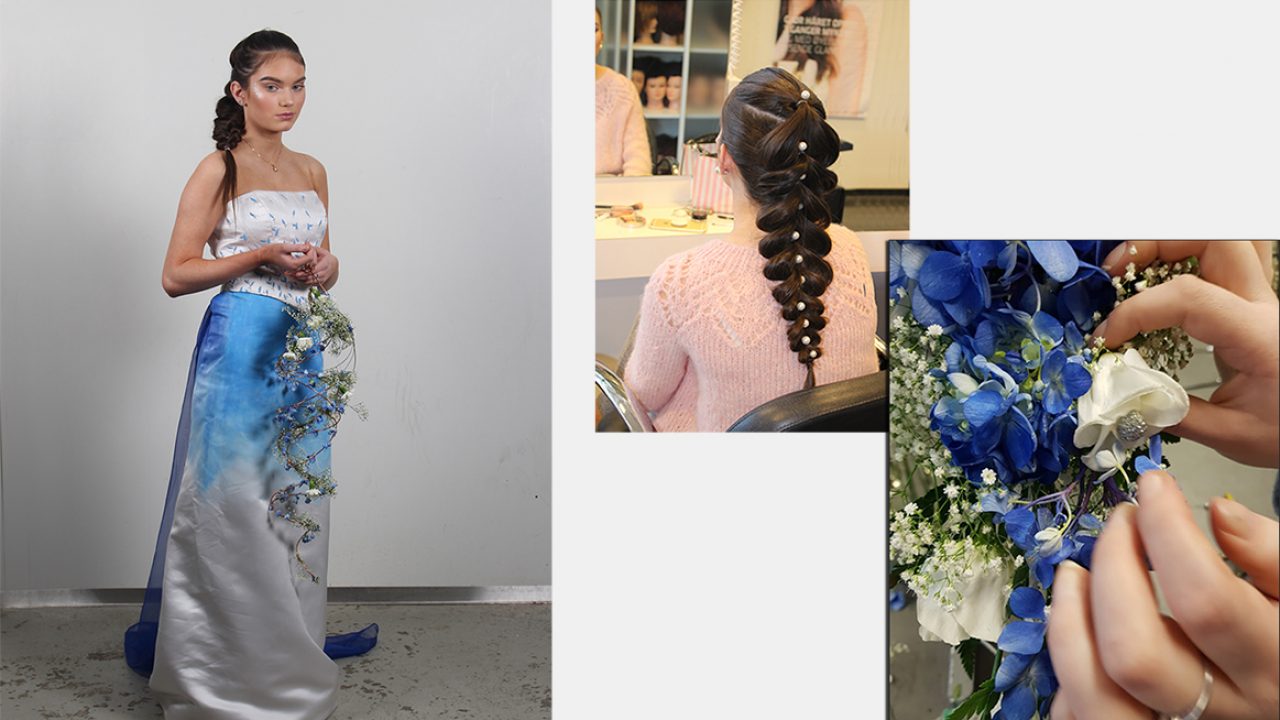 Elev i selvkomponert hvior kjole med blå dekoreffekter. Flettet hårfrisyre med perler. Hengende brudebuketti blå nyanser.