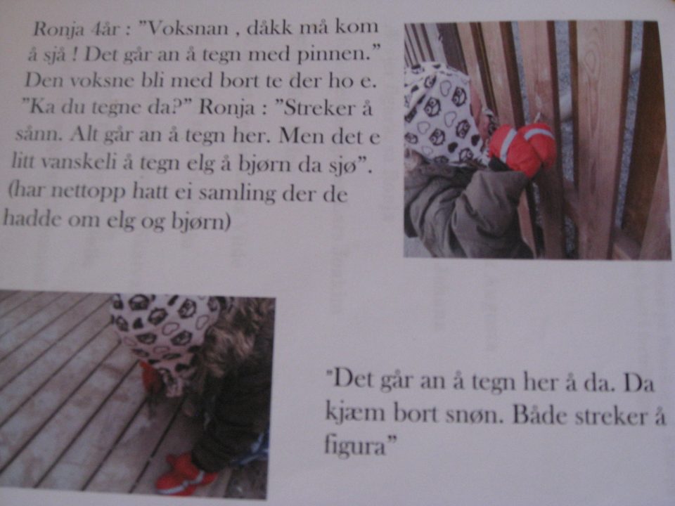 Dokumentasjon av arbeidet i barnehagen med bilder av barna og tekst.