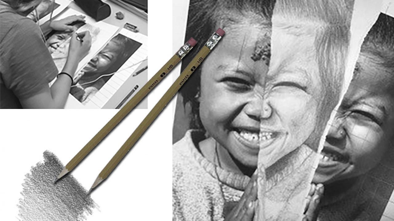 Blyanter, hender som arbeider med skravur og skravert barneportrett