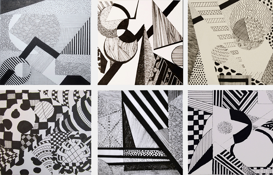 Seks komposisjoner med grunnformer utført med sort tusj på hvitt papir. Elevarbeider.
