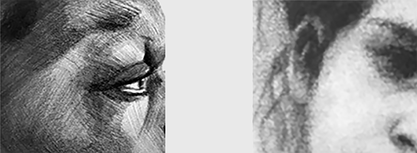 Detaljer av ansikter som viser to ulike måter å bruke skravur på.