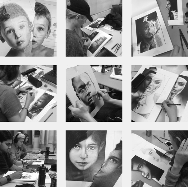 Ni foto av elever i arbeid med sine skravurtegninger.