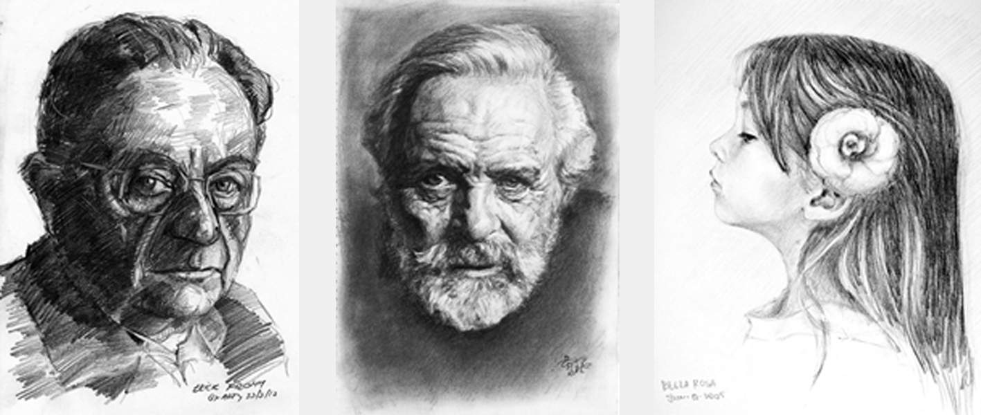 Tre ulike skraverte portretter med mer eller mindre kontrast mellom lys og mørke