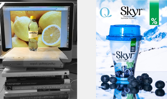 Flaske stilt opp for fotografering foran datamaskin, samt ferdig produktannonse for Skyr