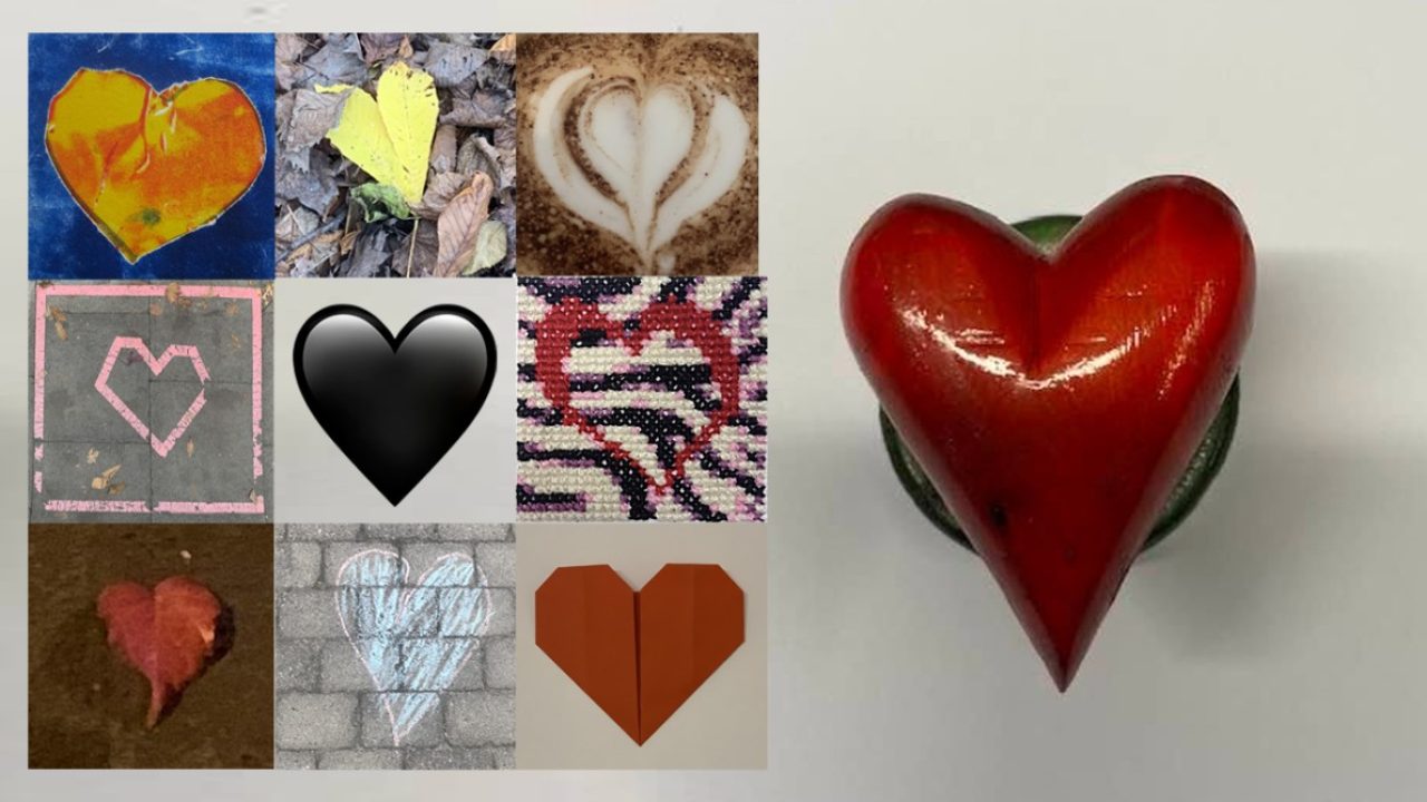 Hjerteformer i ulike materialer og farger.