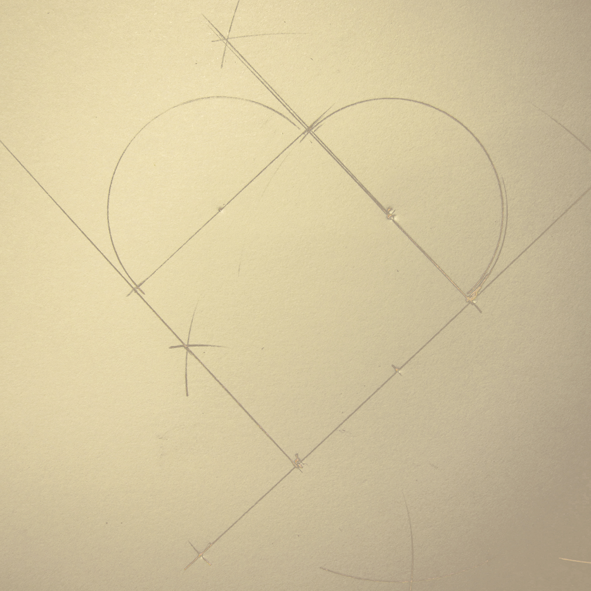 Hjerte konstruert av et kvadrat og to halvsirkler.