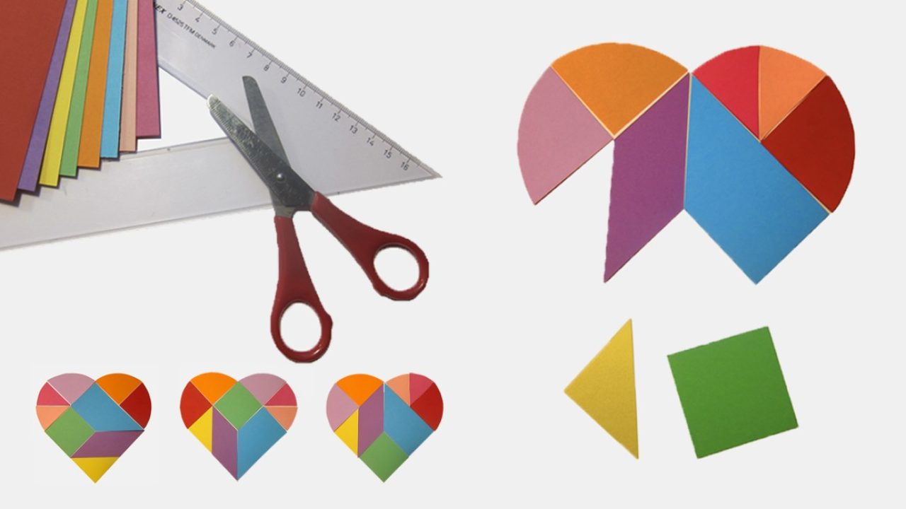 Saks, linjal, farget papir og hjerte utformet av geometriske figurer.