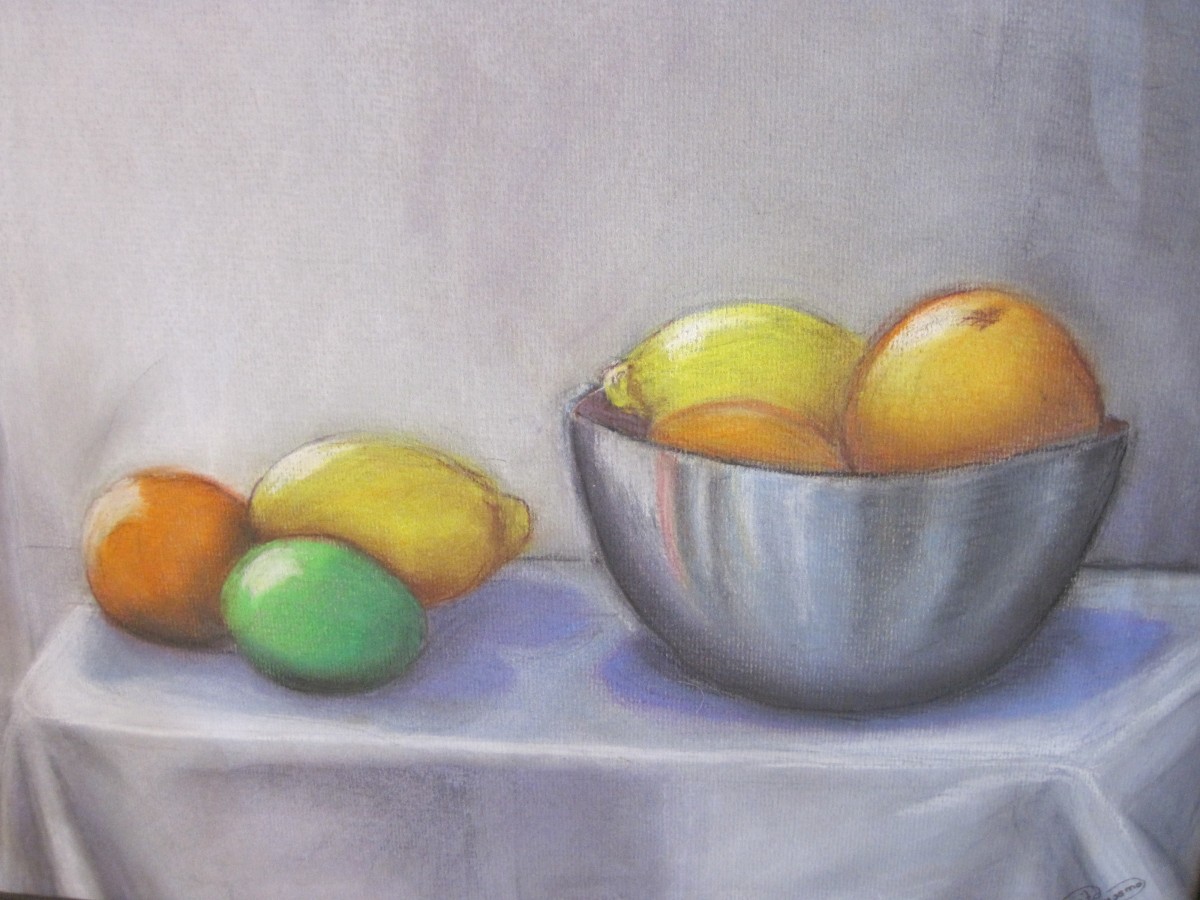 Tegning av stilleben (bord med frukt og fruktskål).