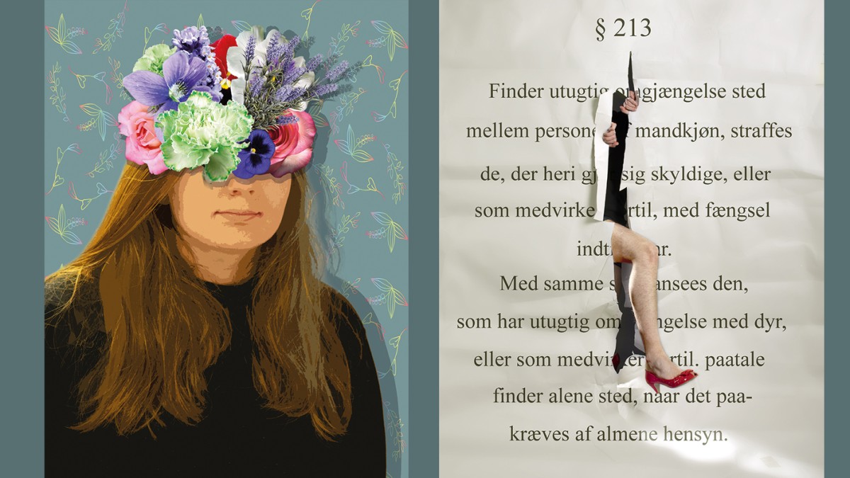 Jente med ansiktet dekket av blomster og mannebein med rød høyhelt sko som tråkker gjennom en plakat av § 213.