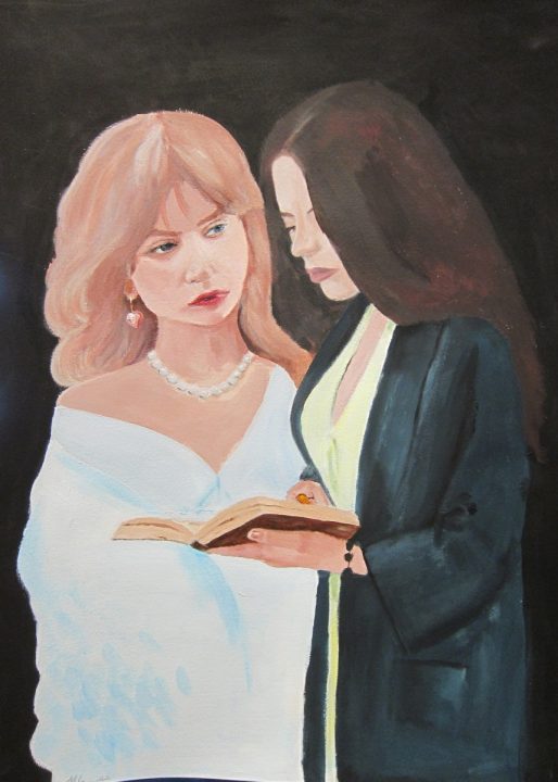 Elevarbeid, maleri av to kvinner ved en bok.
