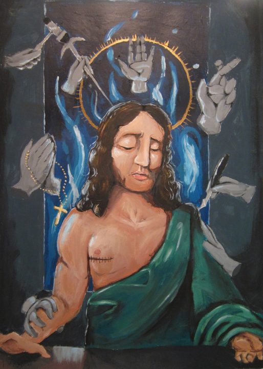 Elevarbeid, maleri av Kristusskikkelse med symboler.