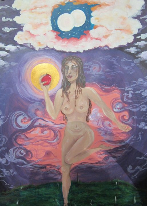 Elevarbeid, maleri av naken kvinne med eple i hånden.