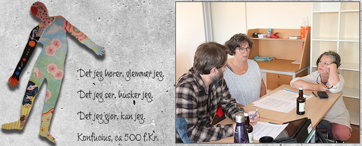 Utsmykking ved Brønnøysund barne- og ungdomsskole, samt bilde av mann og to damer som snakker sammen.