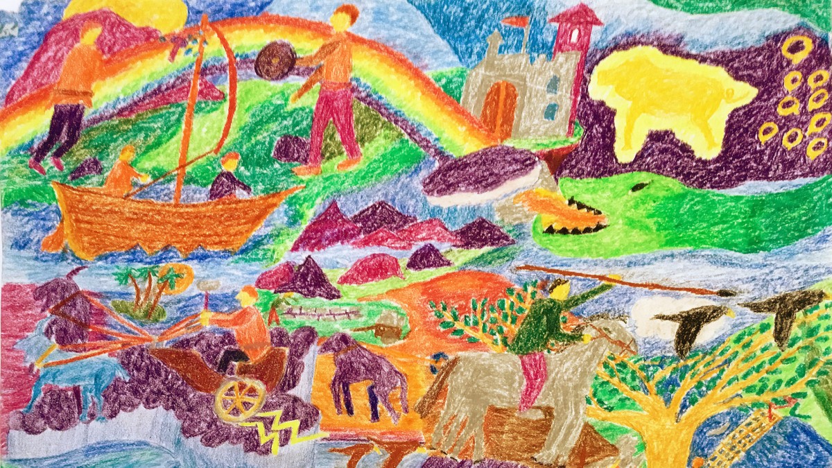 Barnetenging med hester, regnbuer, folk, natur, mm.