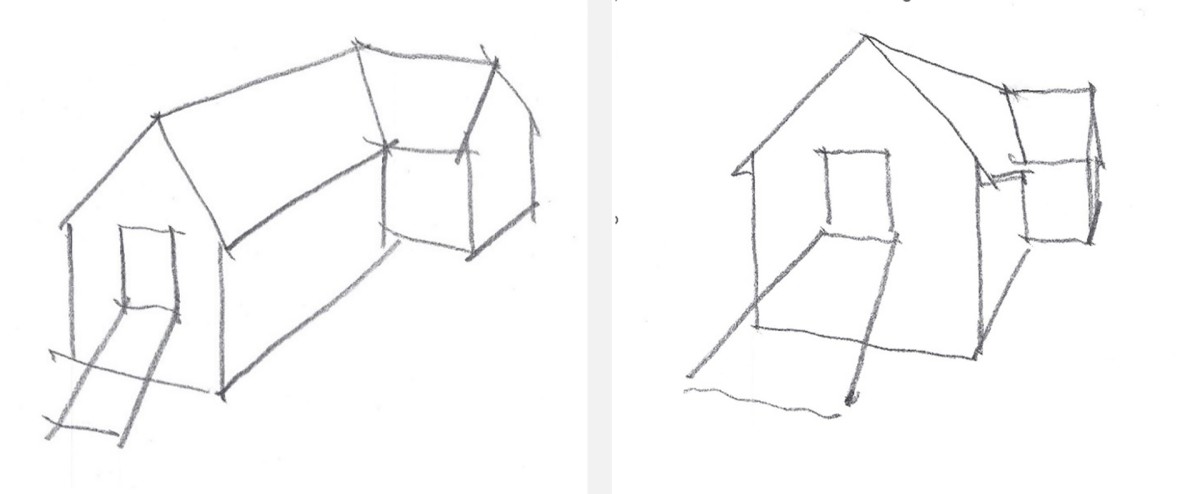 To perspektivskisser av samme låvebygning.
