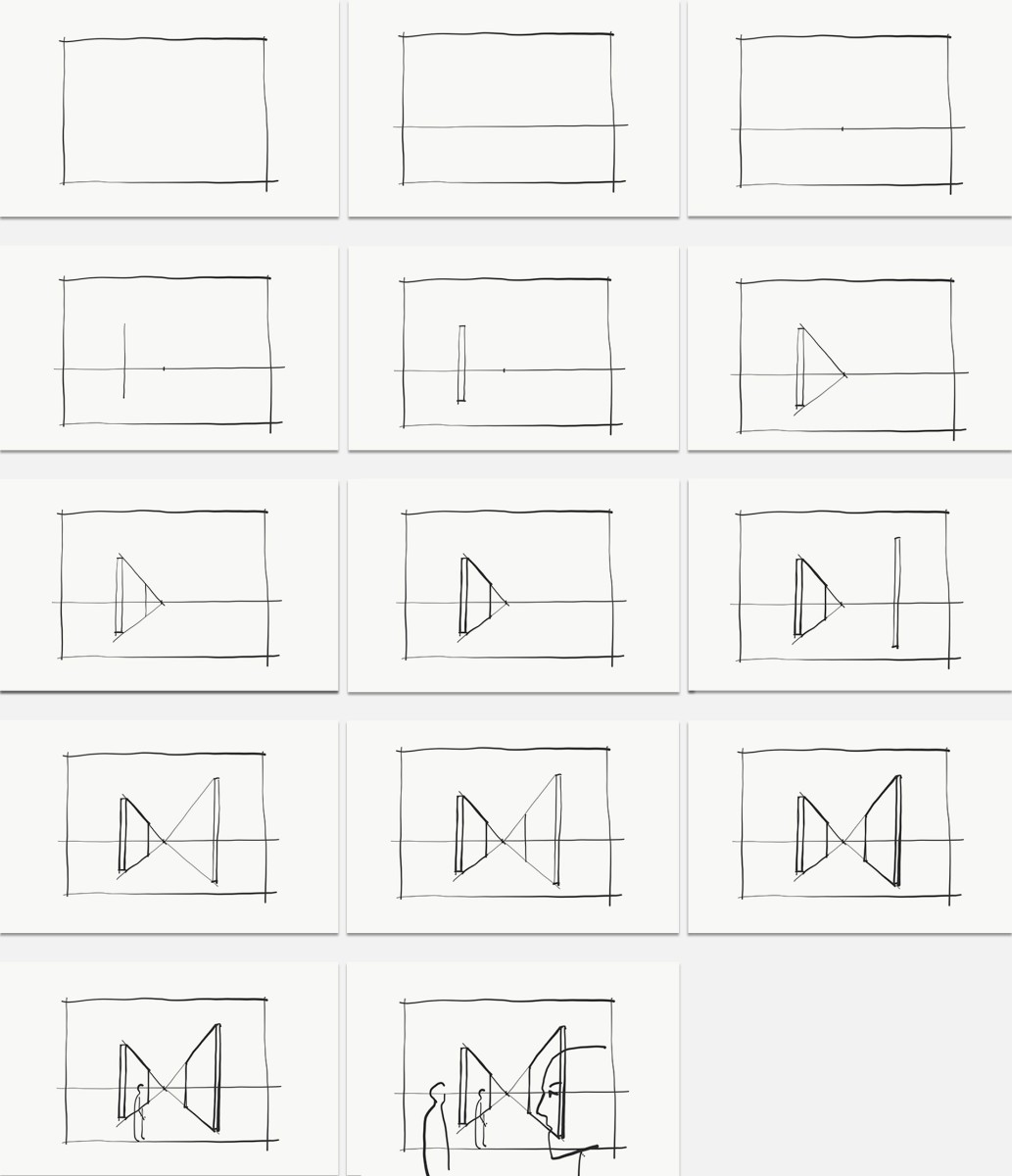 14 skisser som viser prosess med perspektivtegning.