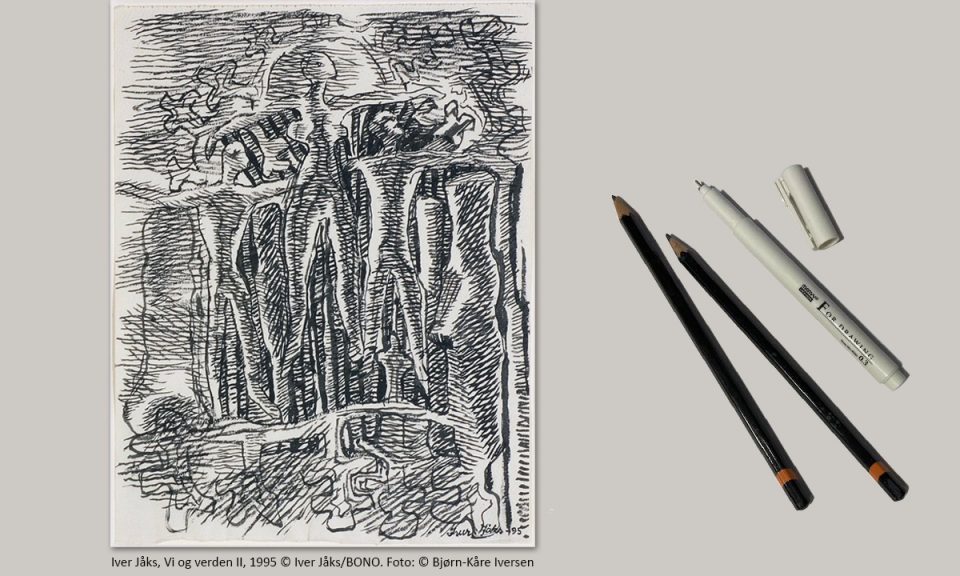 Tegning av kunstneren Iver Jåks + to blyanter og en tusj.