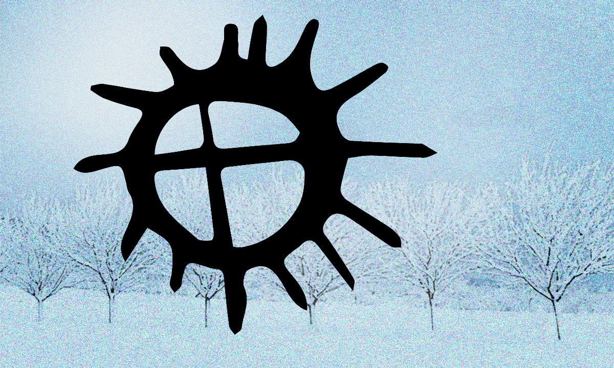 Samisk solsymbol. Vinterlandskap med trær.