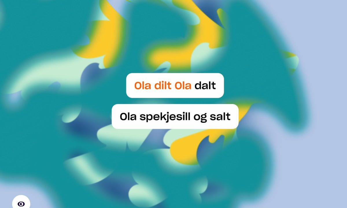 Skjermbilde fra Trall. Bilde med organiske former i fargene gul, blå og grønn med teksten "Ola dilt Ola dalt, Ola spekjesill og salt".