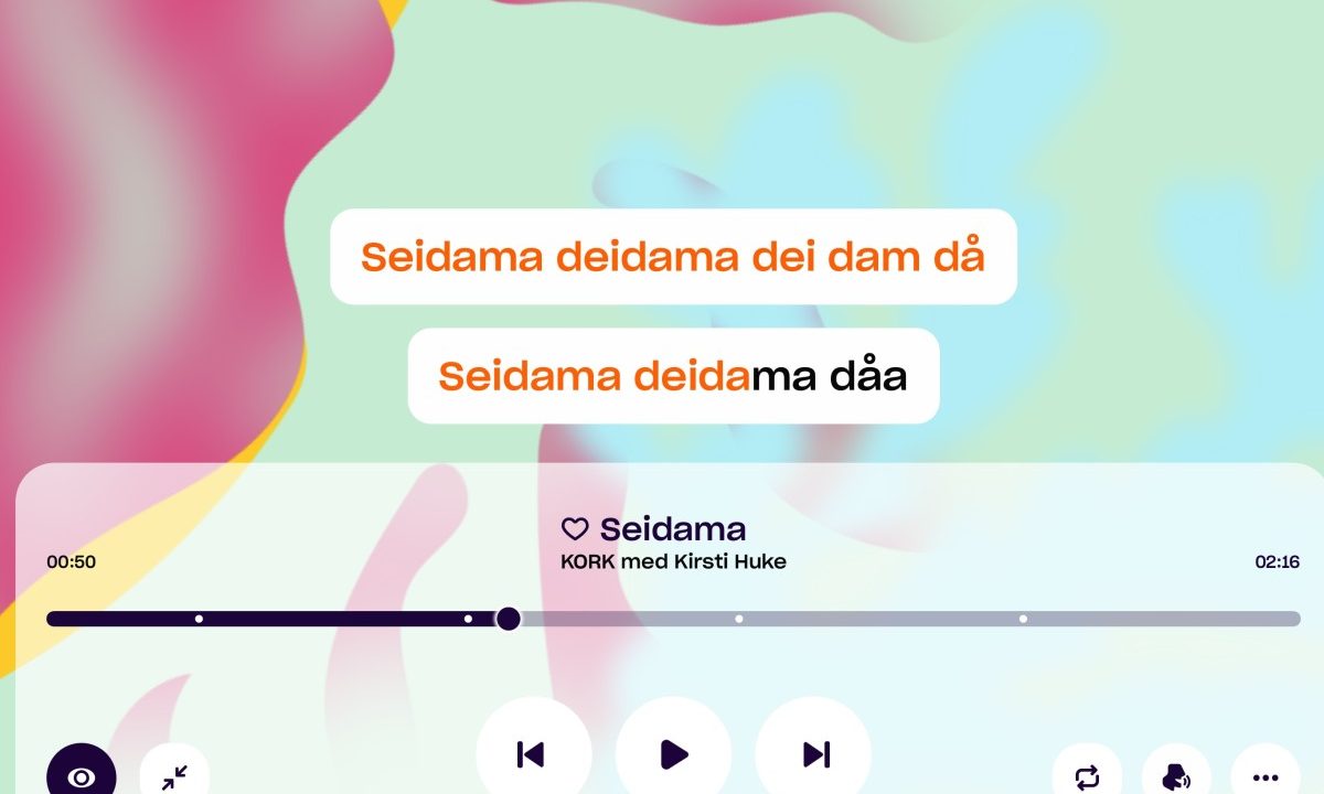 Skjermbilde fra Trall. Bilde med organiske former i fargene turkis, gul og rosa med teksten "Seidama deidama dei dam då. Seidama deidama dåa".