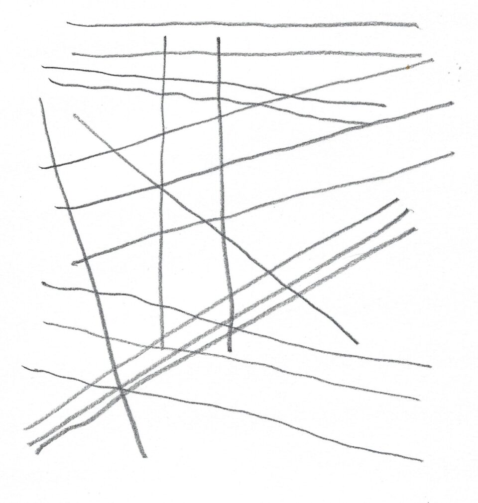 Linjer i ulike retninger tegnet med blyant.
