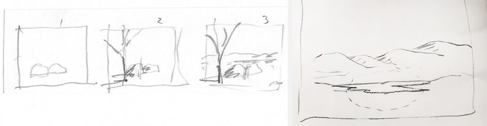 Fire enkle skisser av landskap med forgrunn, mellomgrunn og bakgrunn.