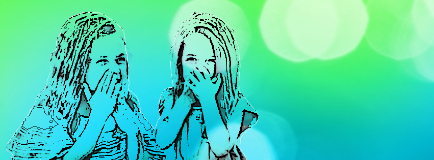 Illustrasjon med to små jenter som fniser og holder seg for munnen, turkis og grønn bakgrunn.