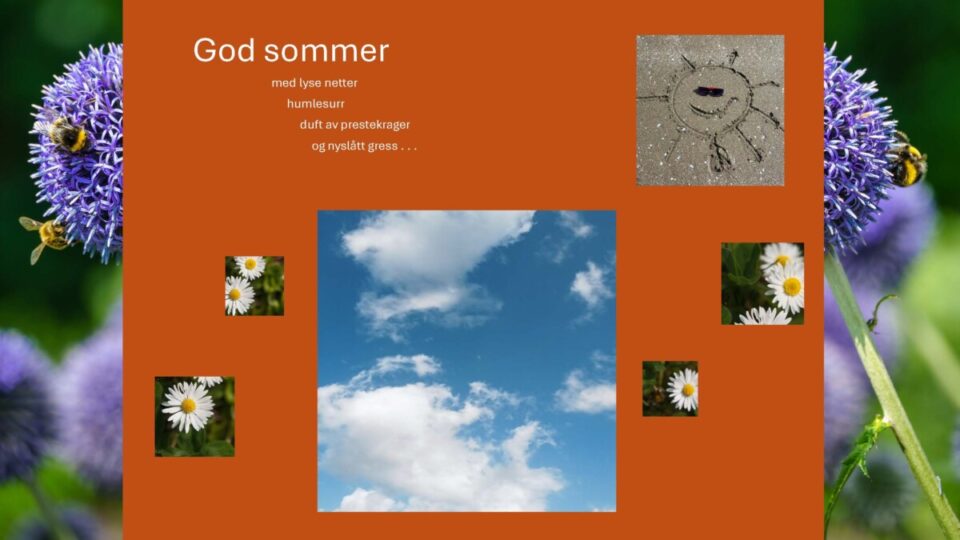 Kollasj med humler, prestekrager, tegnet sol i sand og blå himmel, og med ønske om god sommer.
