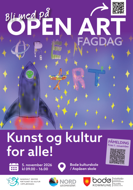 Plakat med illustrasjon med en rakett. Lille fargetoner. Open Art fagdag 2026